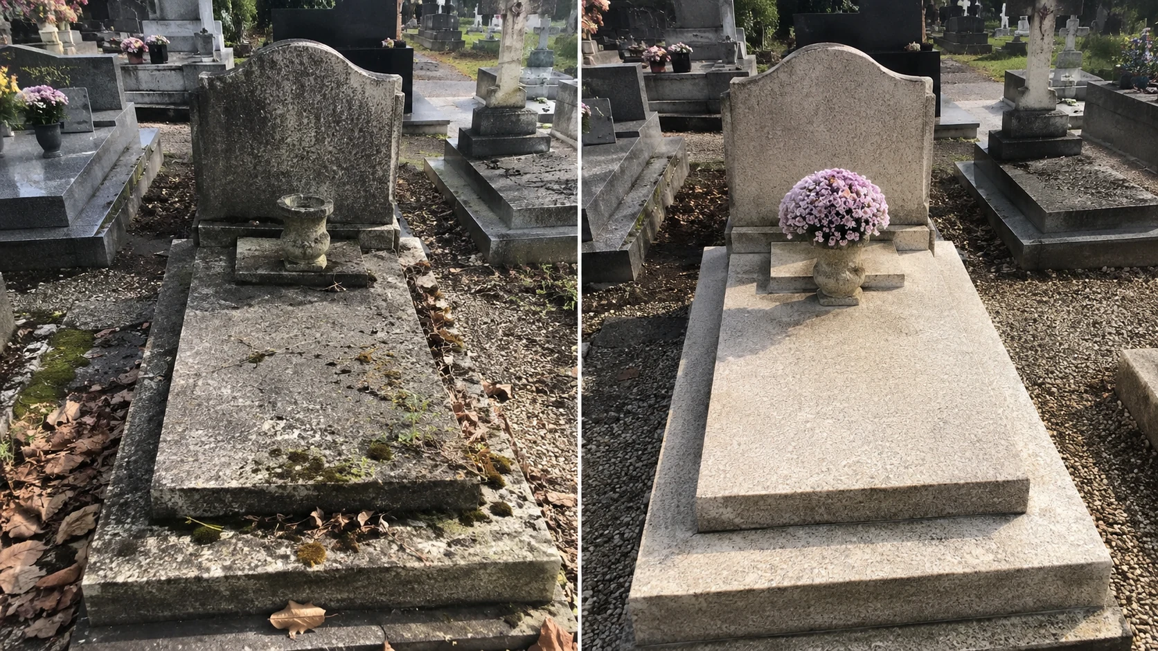 Tombe avant et après entretien avec pomponnette