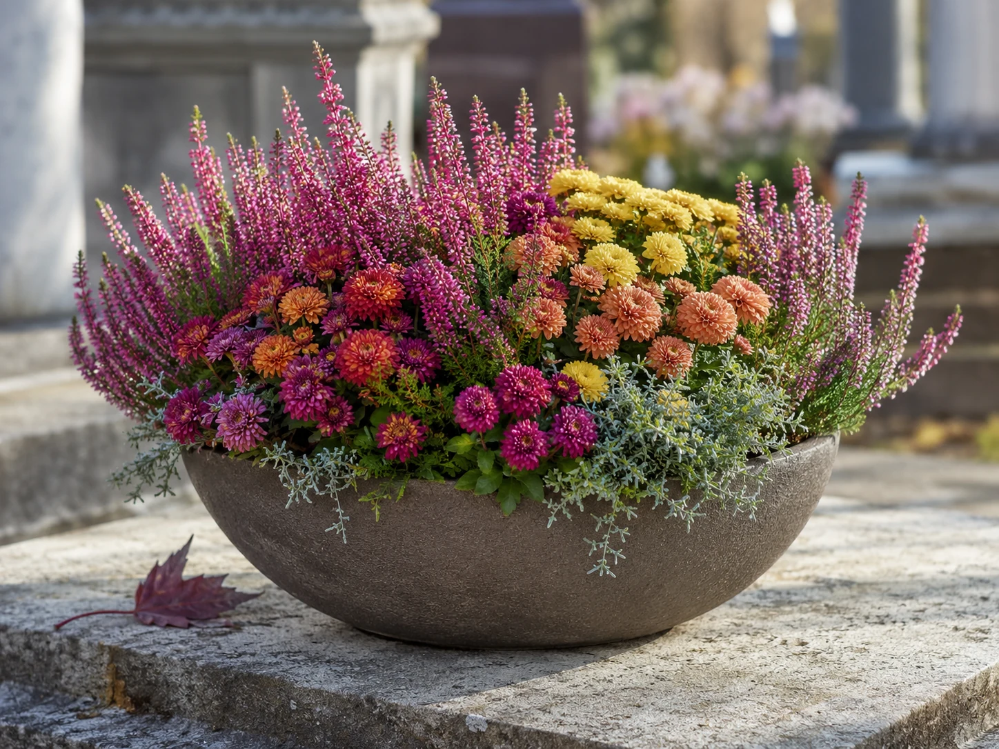 Jardinière de pomponnettes et de bruyères pour la Toussaint